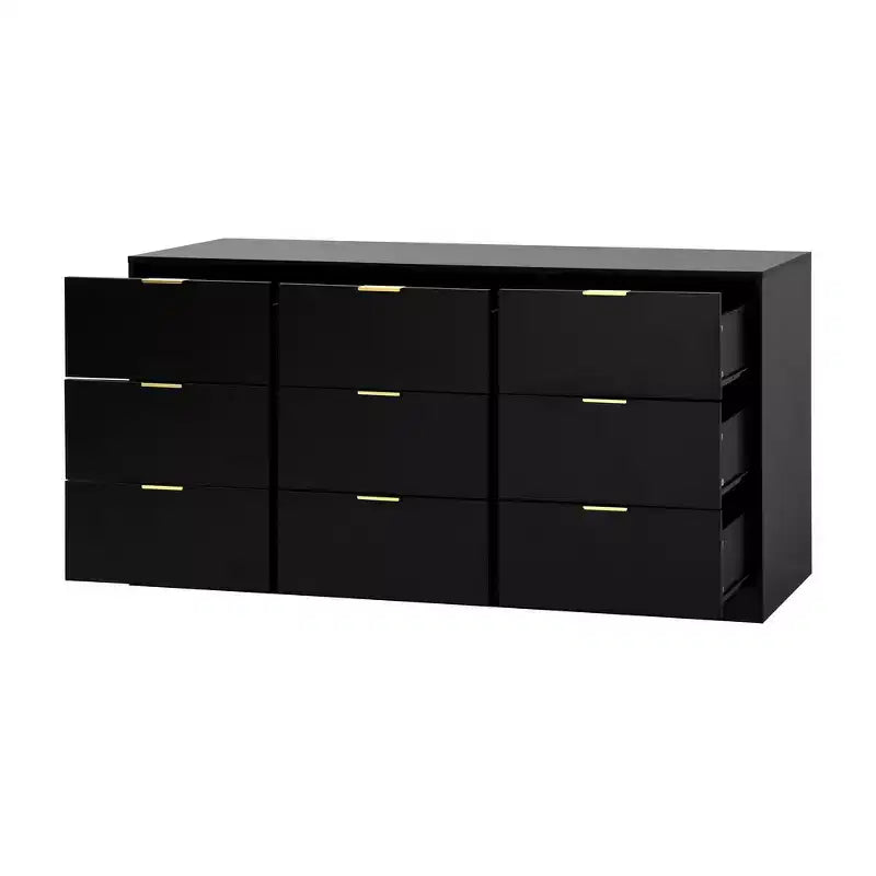 Commode à 9 tiroirs Whisen, grande commode en bois de 160 cm de profondeur, armoire de rangement moderne, poignées dorées, structure robuste, assemblage facile