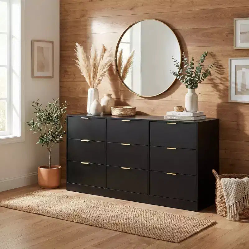 Whisen 9 Drawer Dresser, 63 Large Deep Wooden Chest of Drawers, Modern Storage Cabinet, Golden Handle, Sturdy Structure, Easy Assembly