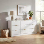 Commode à 9 tiroirs Whisen, grande commode en bois de 160 cm de profondeur, armoire de rangement moderne, poignées dorées, structure robuste, assemblage facile