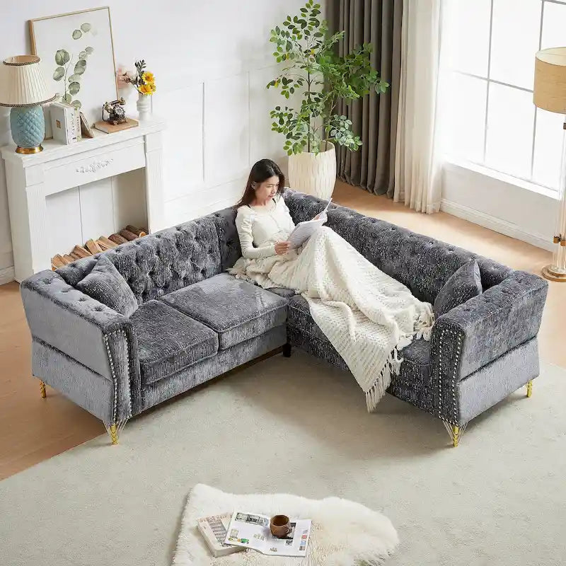 81.5 Chesterfield Chenille L-Shaped Corner Sectional Sofa with Tufted Backrest