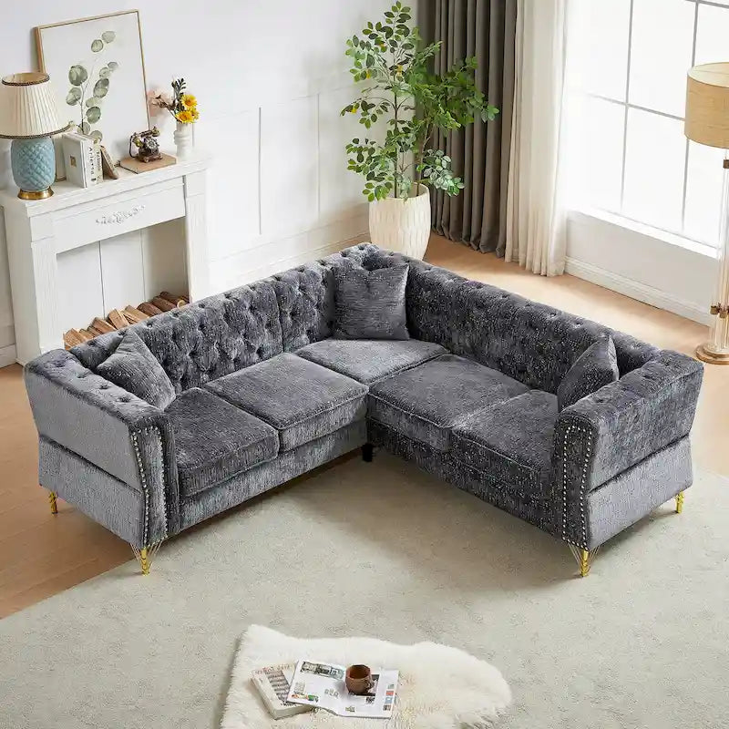 81.5 Chesterfield Chenille L-Shaped Corner Sectional Sofa with Tufted Backrest
