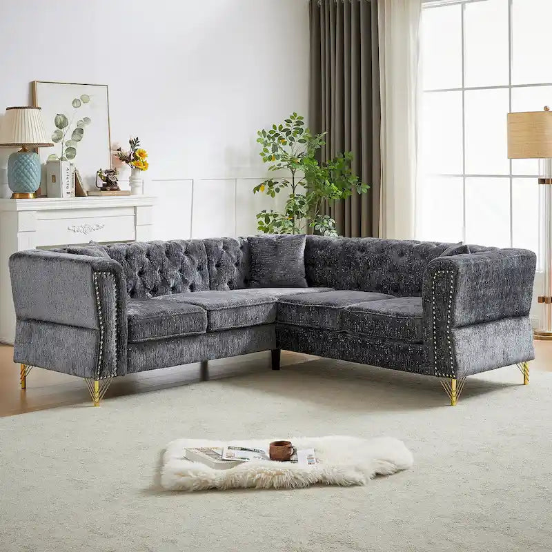 81.5 Chesterfield Chenille L-Shaped Corner Sectional Sofa with Tufted Backrest
