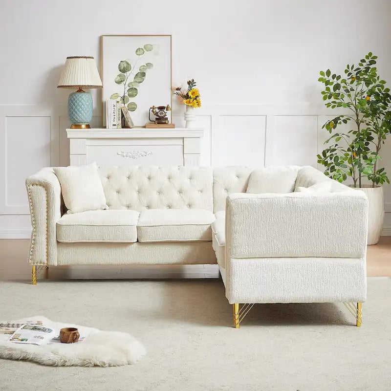 81.5 Chesterfield Chenille L-Shaped Corner Sectional Sofa with Tufted Backrest