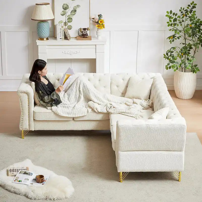 81.5 Chesterfield Chenille L-Shaped Corner Sectional Sofa with Tufted Backrest