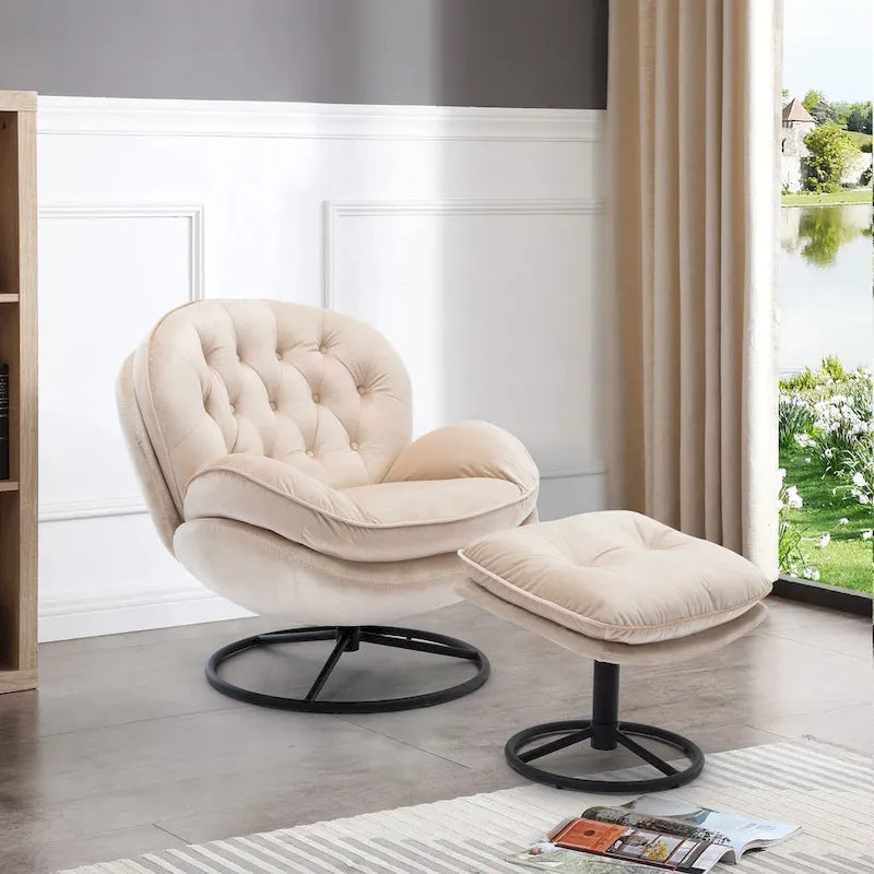 Fauteuil d'appoint pivotant beige moderne de 31,7 po avec pouf