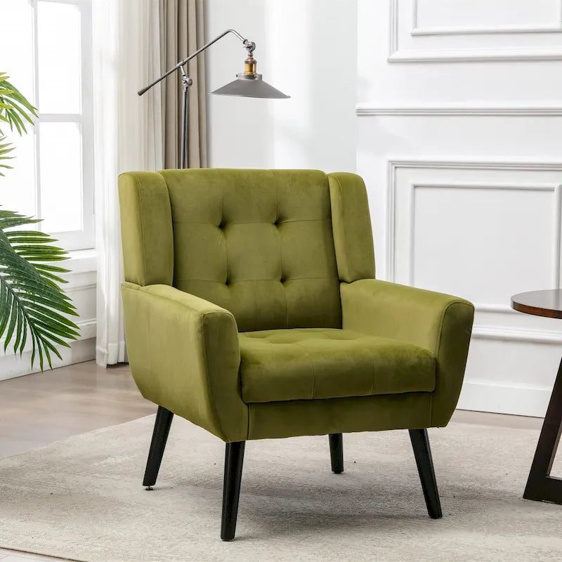 Fauteuil d'appoint capitonné en velours vert 29,53 avec pieds en bois massif noir