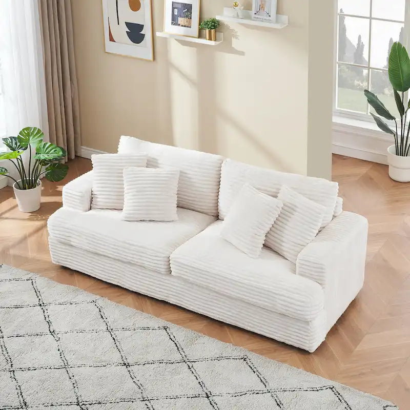 White 79.3 Corduroy 3-Seater Sofa with 4 Toss Pillows, Spring Cushion