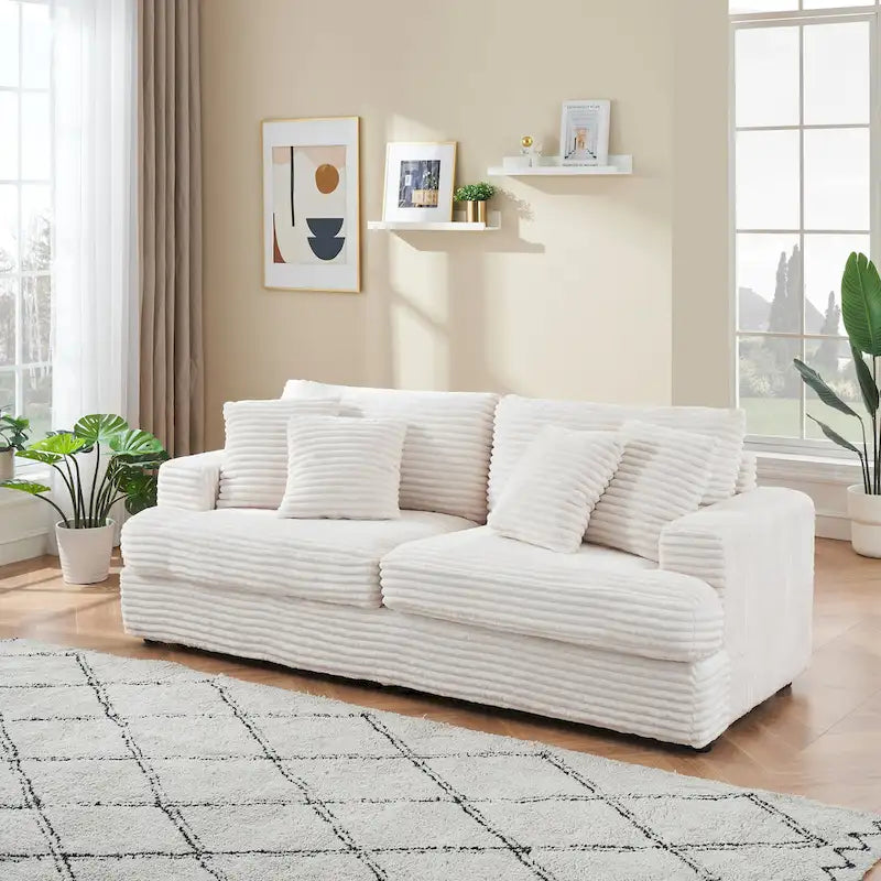 White 79.3 Corduroy 3-Seater Sofa with 4 Toss Pillows, Spring Cushion