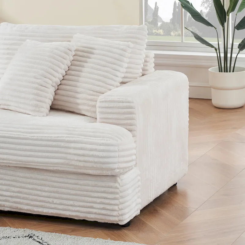 White 79.3 Corduroy 3-Seater Sofa with 4 Toss Pillows, Spring Cushion