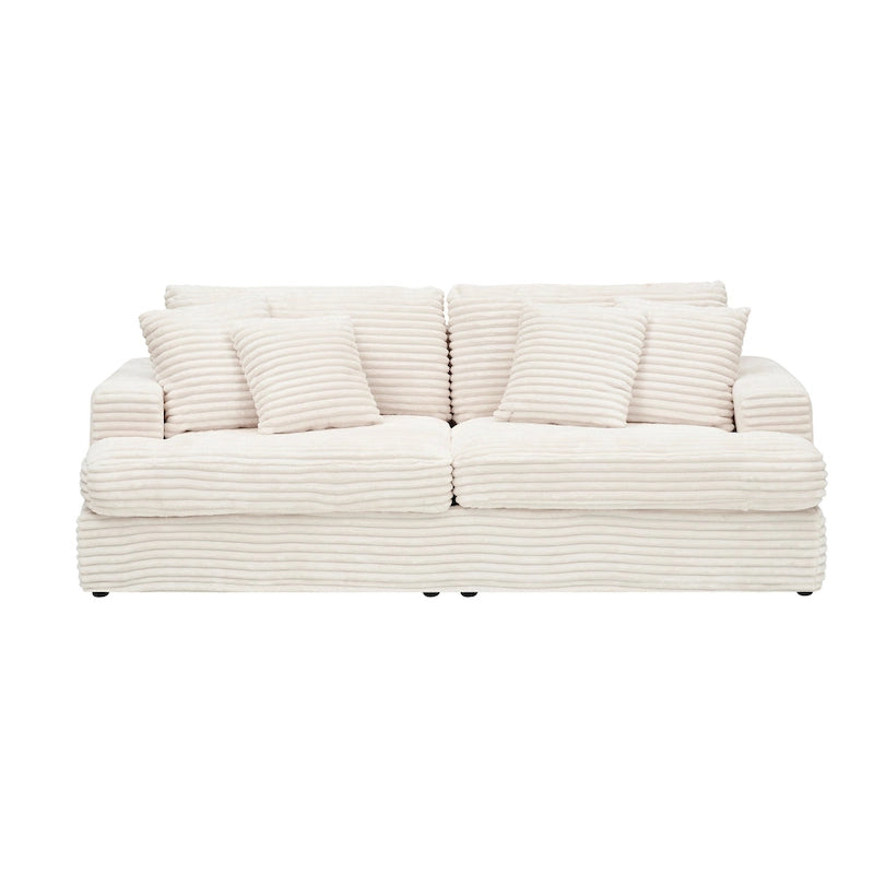 White 79.3 Corduroy 3-Seater Sofa with 4 Toss Pillows, Spring Cushion