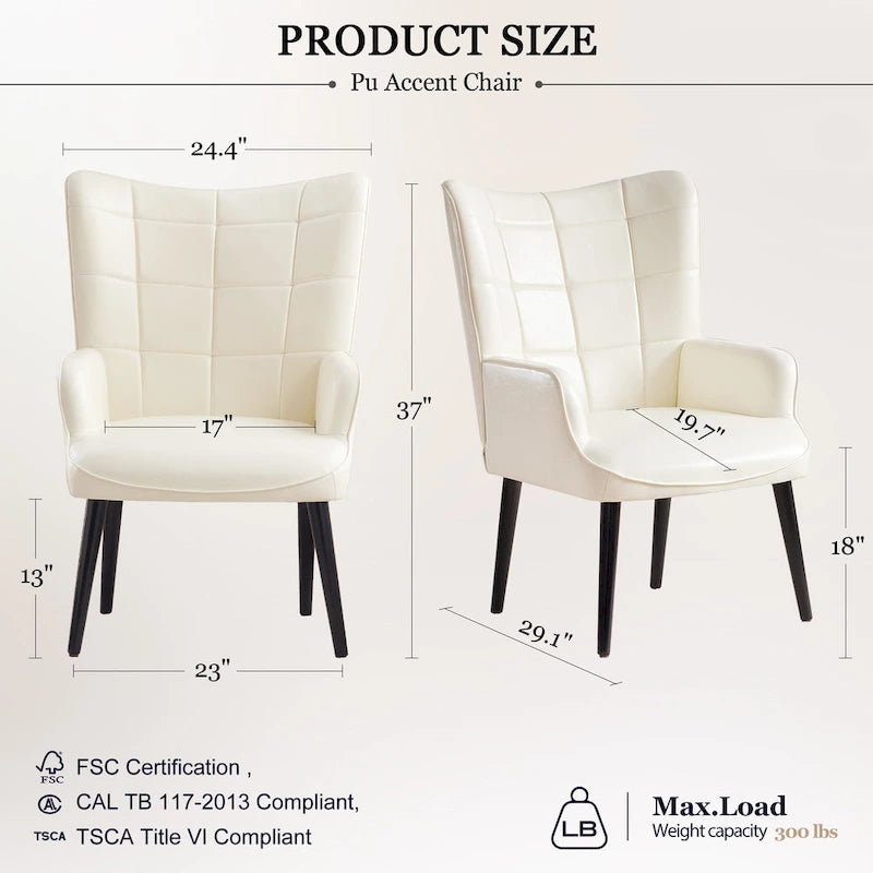 Fauteuil d'appoint moderne crème en similicuir de 24,4 po