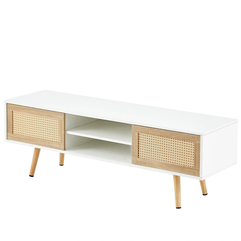 White Rattan TV Stand 55" with Sliding Doors