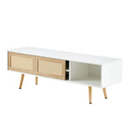 Meuble TV blanc 55.12 avec portes coulissantes, pieds en bois et étagère réglable