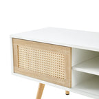 Meuble TV blanc 55.12 avec portes coulissantes, pieds en bois et étagère réglable