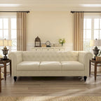 Elegant Beige Chesterfield Sofa - 3-Seater Velvet with Tufted Buttons & Wooden Legs