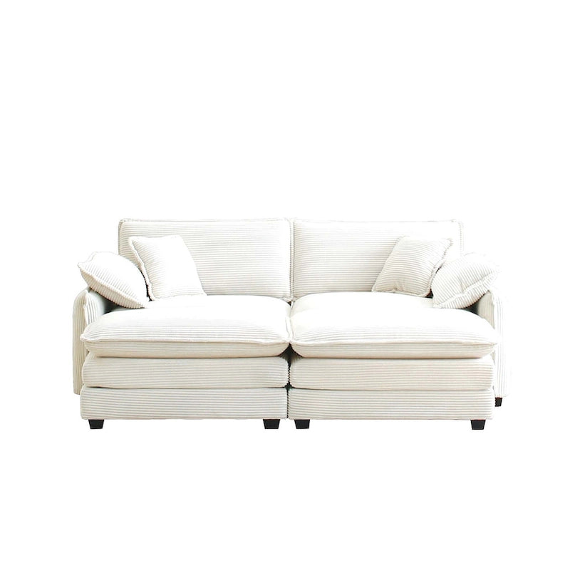 Beige 4-piece Corduroy Upholstered Modular Sleeper Sectional Sofa with 2 Removable Ottoman and 4 Pillows, Free Combination