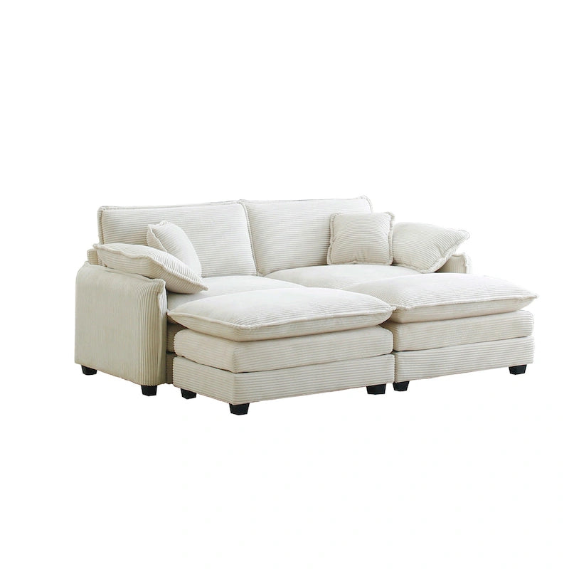 Beige 4-piece Corduroy Upholstered Modular Sleeper Sectional Sofa with 2 Removable Ottoman and 4 Pillows, Free Combination