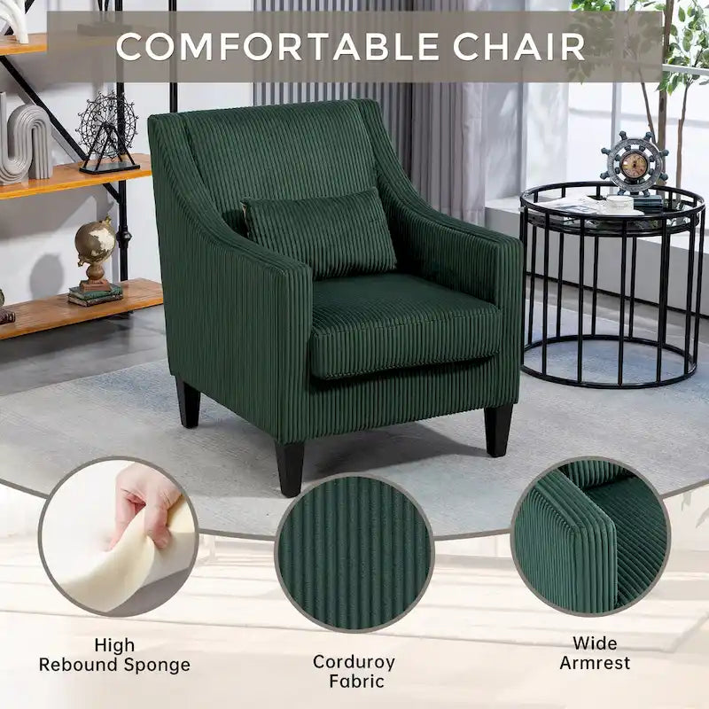 Fauteuil rembourré Emerald 26.77 avec accoudoirs incurvés et pieds en bois d'hévéa