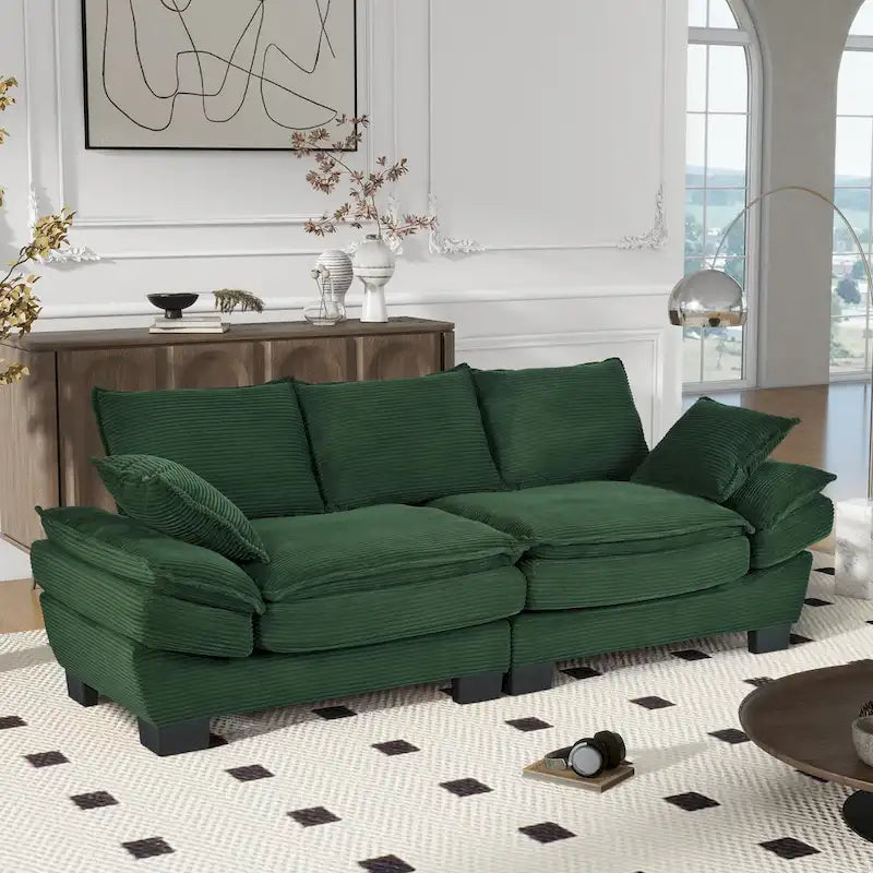 85.4 Modern Curved Sofa, Back Upholstered Couch with 2 Decorative Throw Pillows, Corduroy Fabric Couch