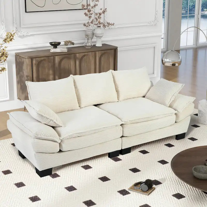 85.4 Modern Curved Sofa, Back Upholstered Couch with 2 Decorative Throw Pillows, Corduroy Fabric Couch