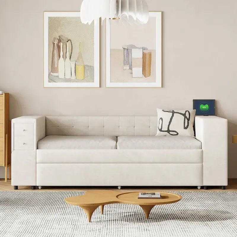 Upholstered Velvet Daybed Storage Bed Frame with USB Charging Ports