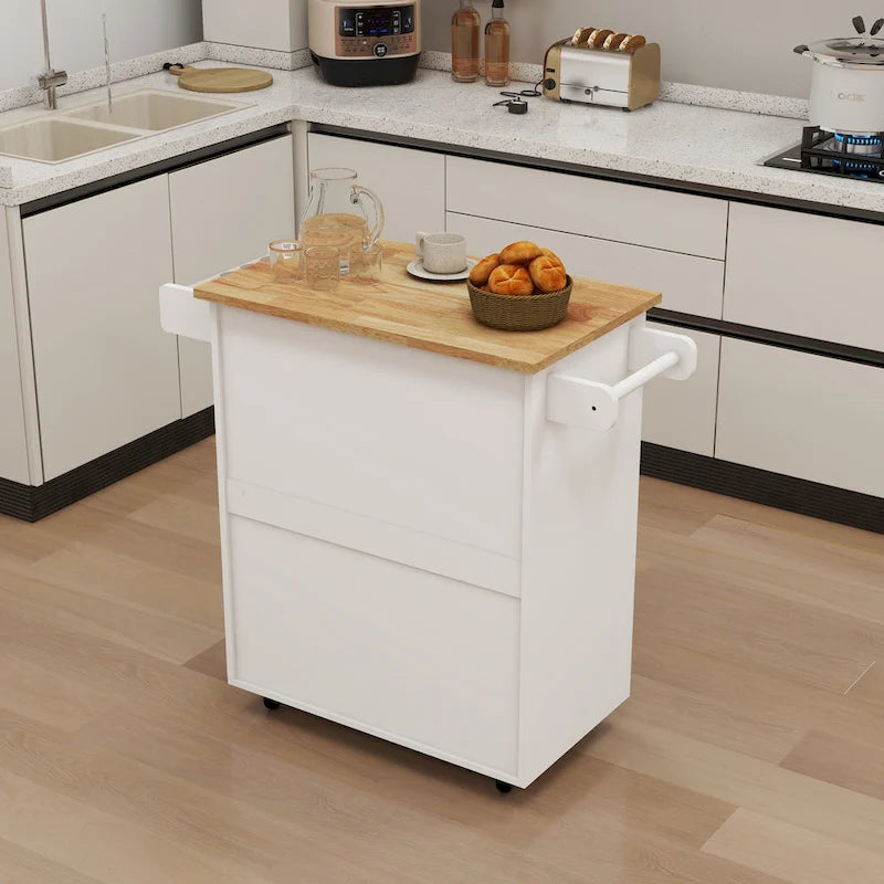 Kitchen Trolley Carts On Wheels Rolling Kitchen Island Cart W/Rubber-wood Countertop, With 1 Drawer 2 Doors, Towel Rack