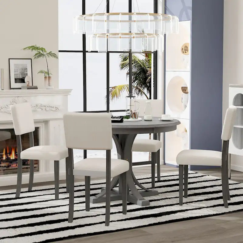 5-Piece Retro Round Dining Table Set Farmhouse Kitchen Dining Table Sets with Curved Trestle Table Legs for Dining Room