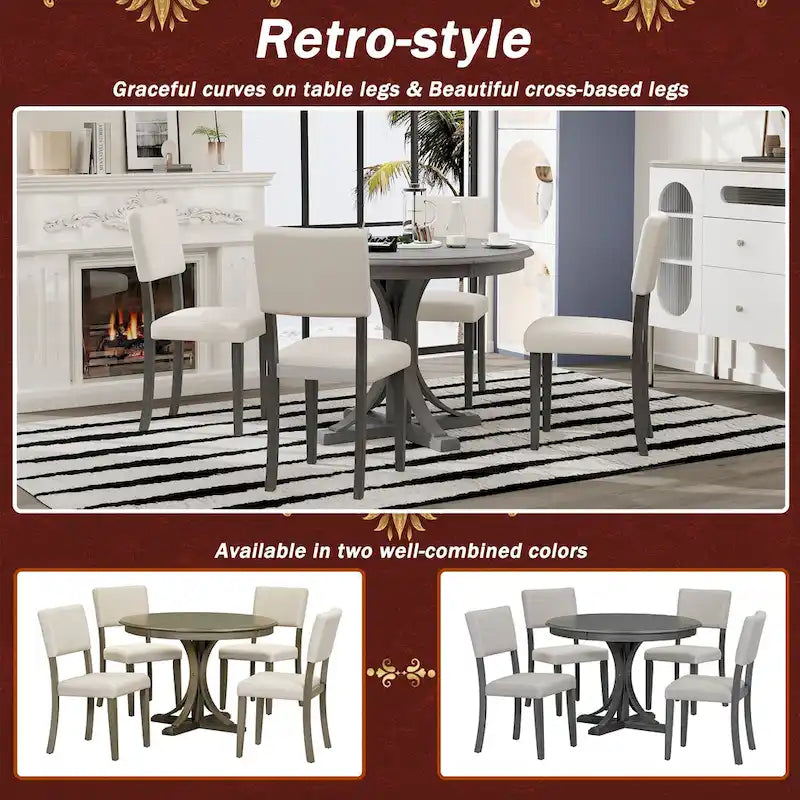 5-Piece Retro Round Dining Table Set Farmhouse Kitchen Dining Table Sets with Curved Trestle Table Legs for Dining Room