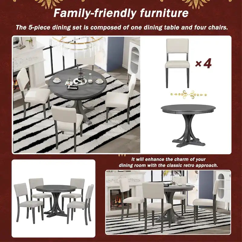 5-Piece Retro Round Dining Table Set Farmhouse Kitchen Dining Table Sets with Curved Trestle Table Legs for Dining Room