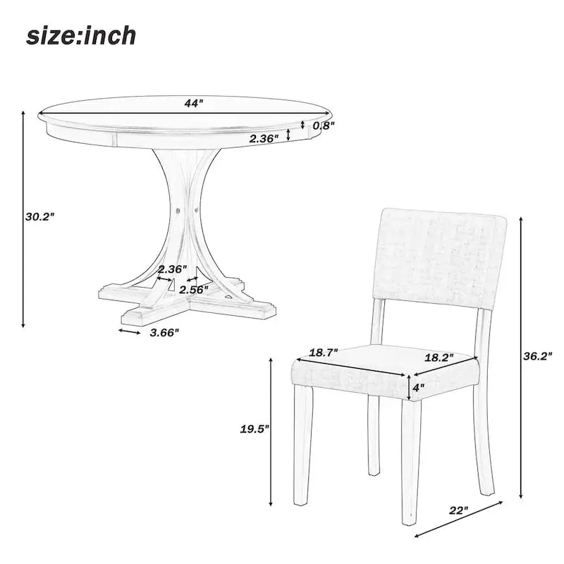 5-Piece Retro Round Dining Table Set Farmhouse Kitchen Dining Table Sets with Curved Trestle Table Legs for Dining Room