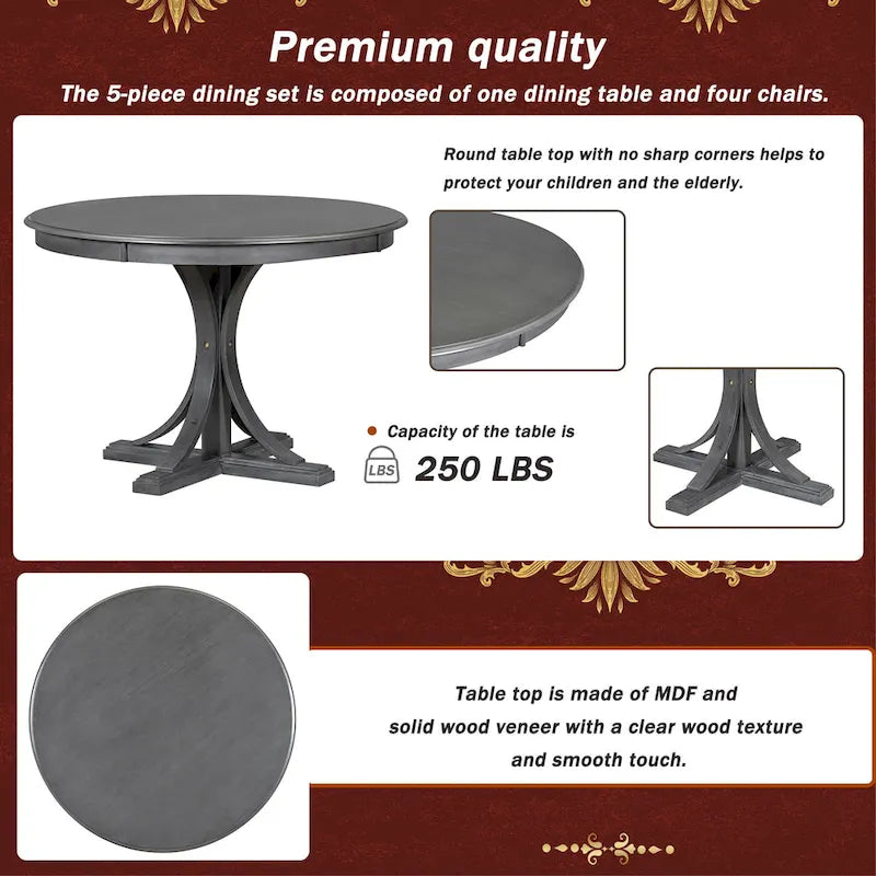 5-Piece Retro Round Dining Table Set Farmhouse Kitchen Dining Table Sets with Curved Trestle Table Legs for Dining Room