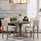 5-Piece Retro Round Dining Table Set Farmhouse Kitchen Dining Table Sets with Curved Trestle Table Legs for Dining Room