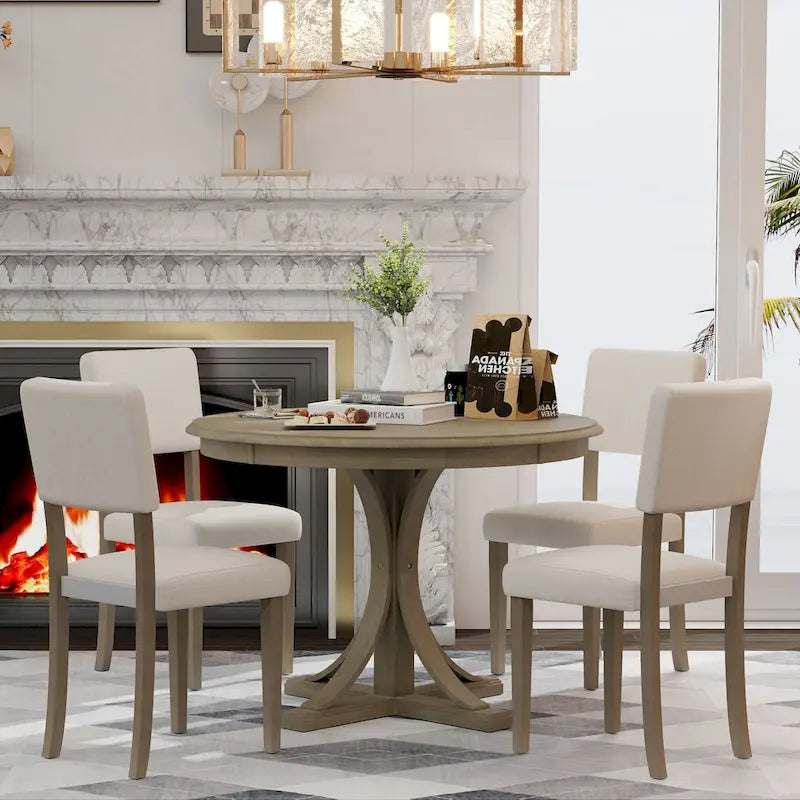 5-Piece Retro Round Dining Table Set Farmhouse Kitchen Dining Table Sets with Curved Trestle Table Legs for Dining Room