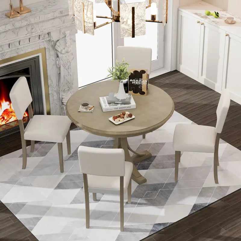 5-Piece Retro Round Dining Table Set Farmhouse Kitchen Dining Table Sets with Curved Trestle Table Legs for Dining Room