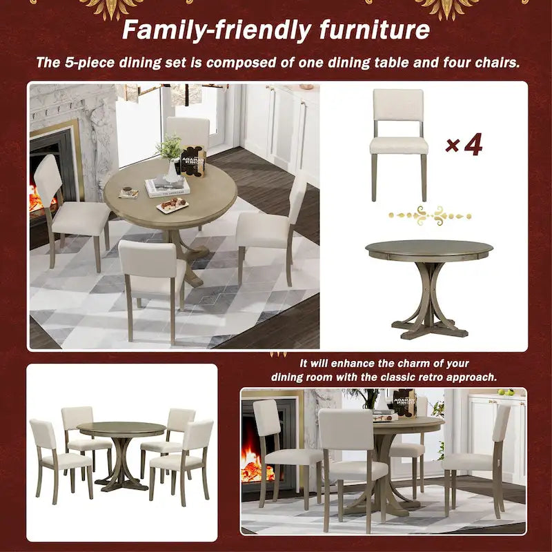 5-Piece Retro Round Dining Table Set Farmhouse Kitchen Dining Table Sets with Curved Trestle Table Legs for Dining Room