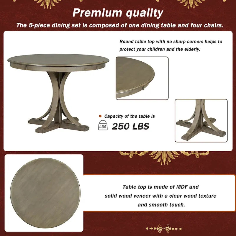 5-Piece Retro Round Dining Table Set Farmhouse Kitchen Dining Table Sets with Curved Trestle Table Legs for Dining Room