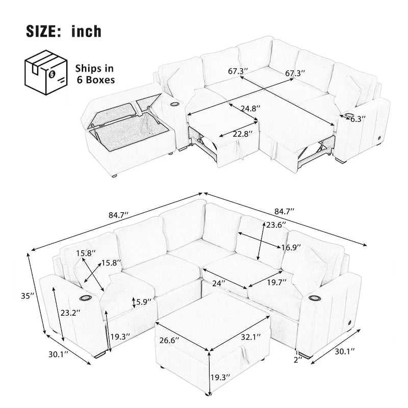 84.7 Chenille Sleeper Sectional Sofa with Storage & USB Ports