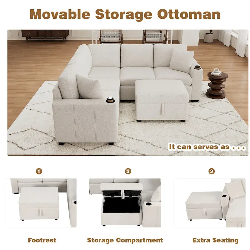 84.7 Chenille Sleeper Sectional Sofa with Storage & USB Ports