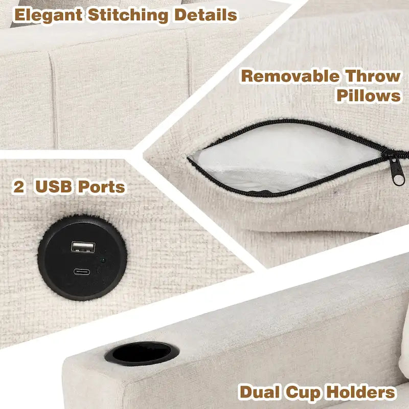 84.7 Chenille Sleeper Sectional Sofa with Storage & USB Ports