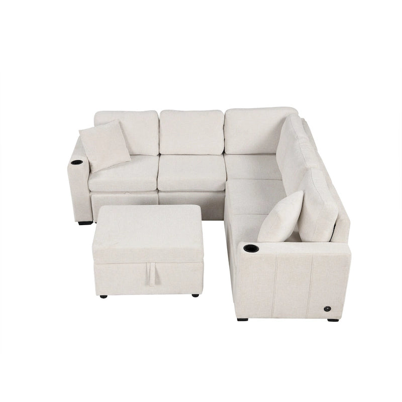 84.7 Chenille Sleeper Sectional Sofa with Storage & USB Ports