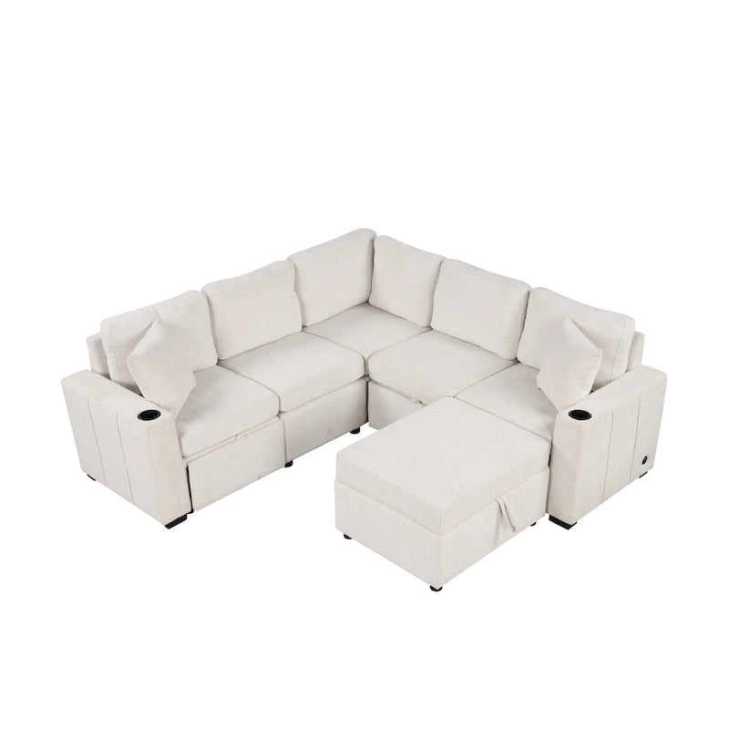 84.7 Chenille Sleeper Sectional Sofa with Storage & USB Ports