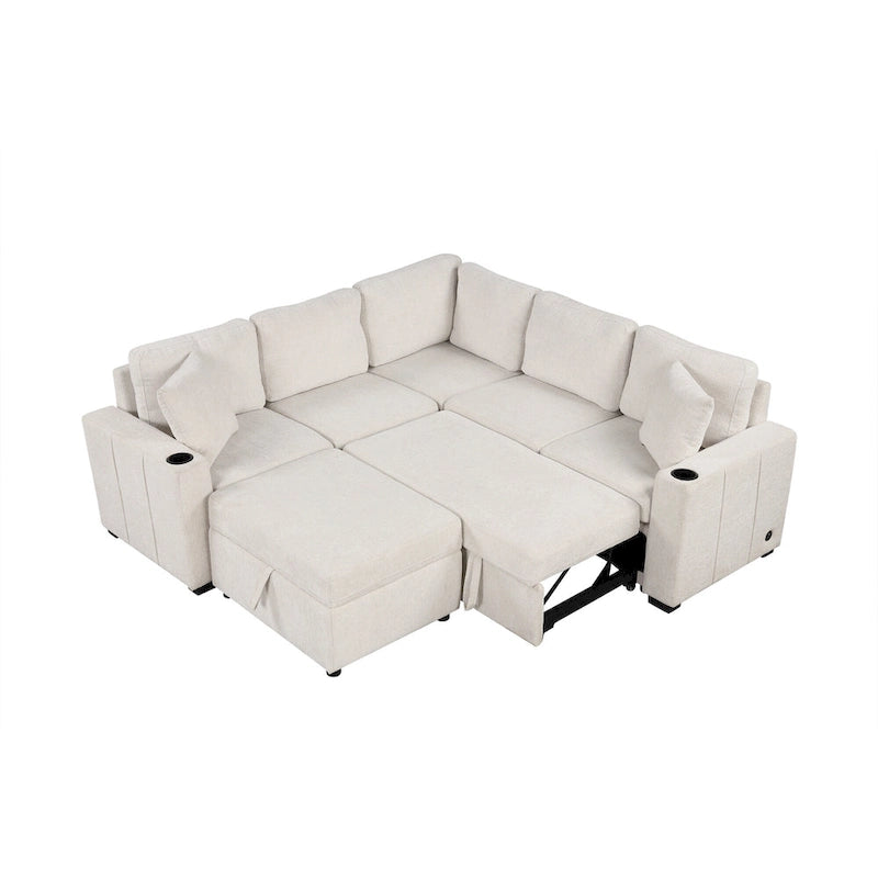 84.7 Chenille Sleeper Sectional Sofa with Storage & USB Ports
