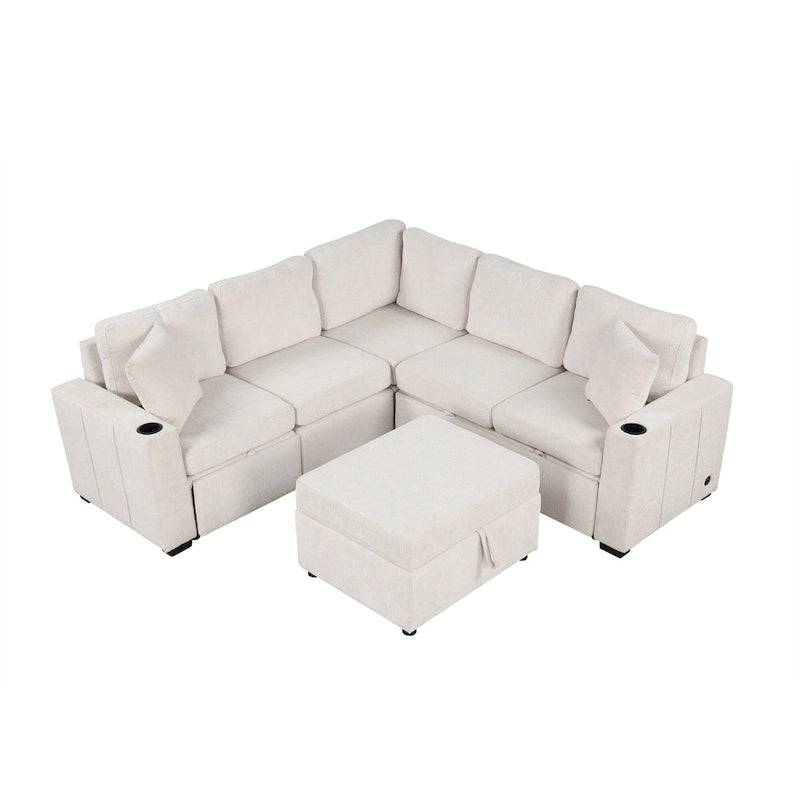84.7 Chenille Sleeper Sectional Sofa with Storage & USB Ports