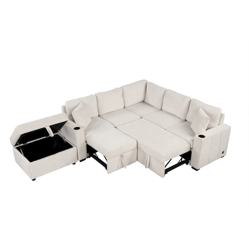84.7 Chenille Sleeper Sectional Sofa with Storage & USB Ports