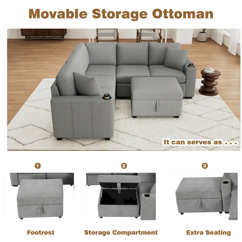84.7 Chenille Sleeper Sectional Sofa with Storage & USB Ports