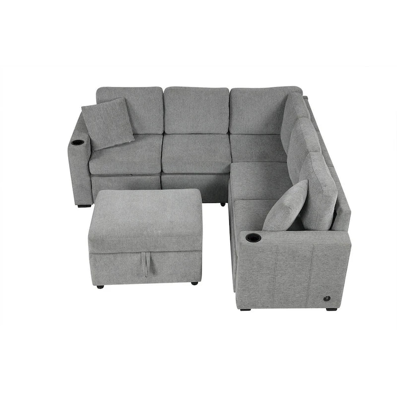 84.7 Chenille Sleeper Sectional Sofa with Storage & USB Ports