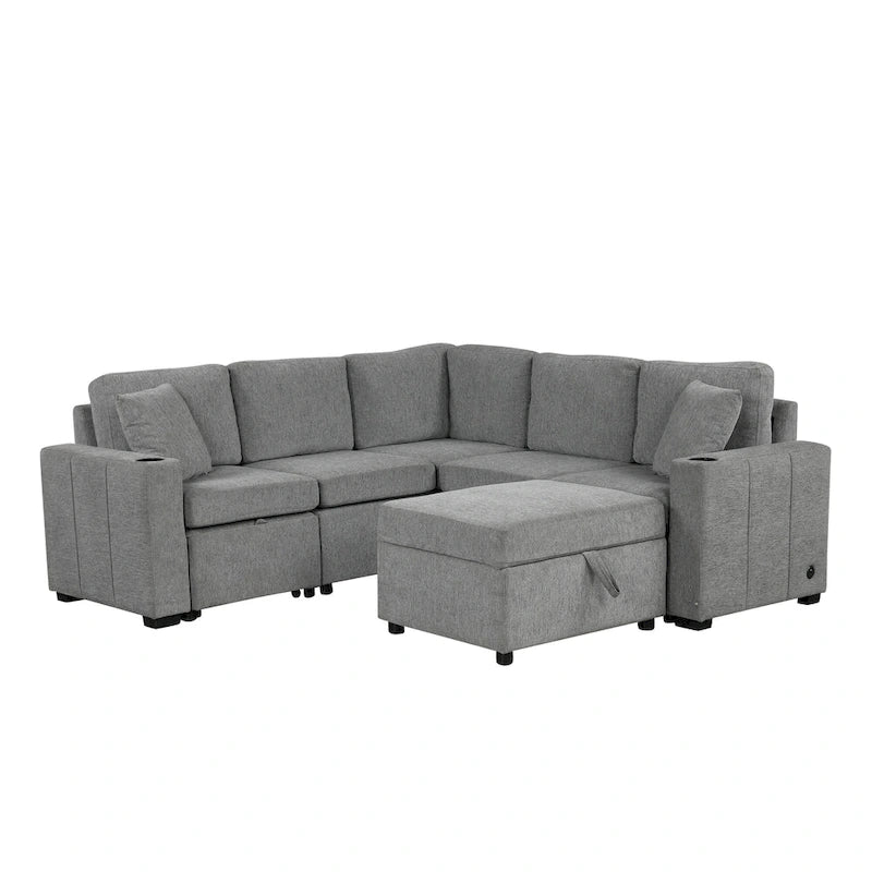 84.7 Chenille Sleeper Sectional Sofa with Storage & USB Ports
