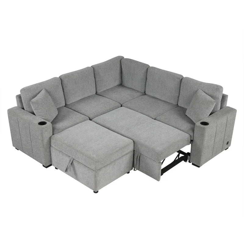 84.7 Chenille Sleeper Sectional Sofa with Storage & USB Ports
