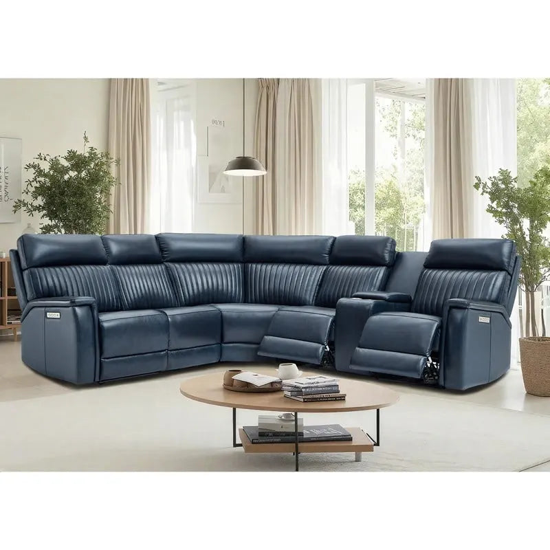 Canapé d'angle inclinable électrique en cuir véritable avec console, appui-tête réglable, ports USB et USB-C, 1 fauteuil sans accoudoirs électrique