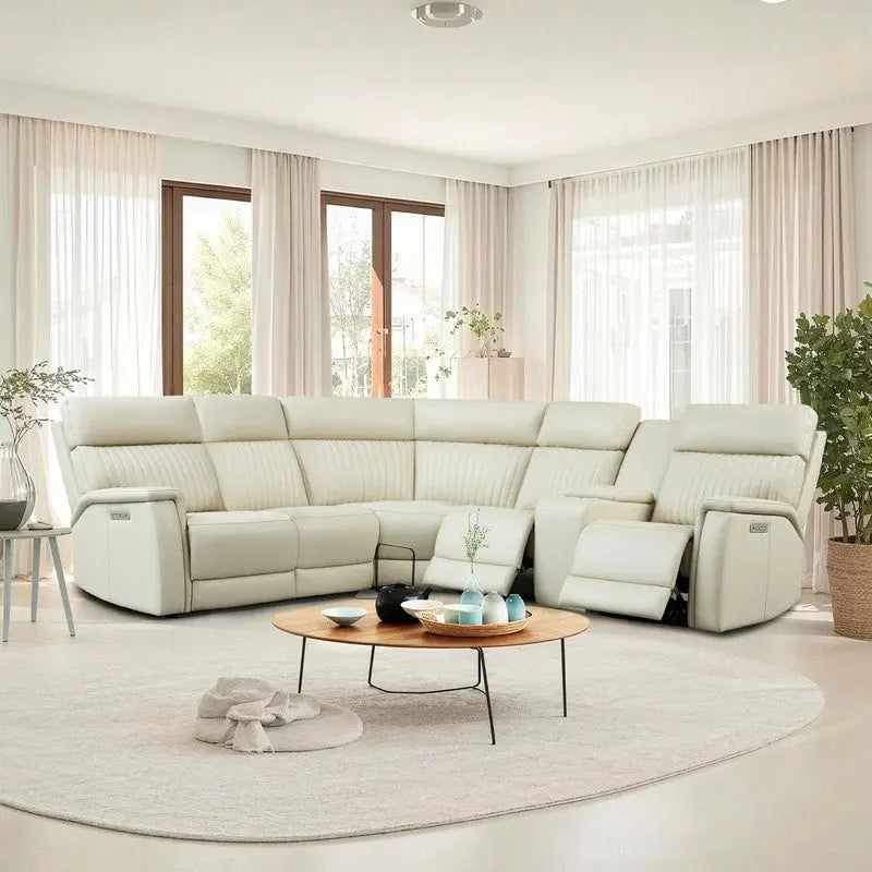 Canapé d'angle inclinable électrique en cuir véritable avec console, appui-tête réglable, ports USB et USB-C, 1 fauteuil sans accoudoirs électrique